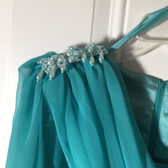 After Dark woman’s formal teal dress beaded epaulettes attached scarf size 9/10 - Picture 2 of 9
